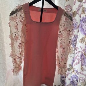 SHEIN Pink Embroidered Mesh Sleeve Square Neck Dressy Top